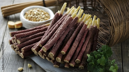 Licorice root arranged in a basket. photo