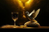 Symbolic representation of the Last Supper, with a cup of wine with grapes, bread with wheat and a white dove on a sacred table.
