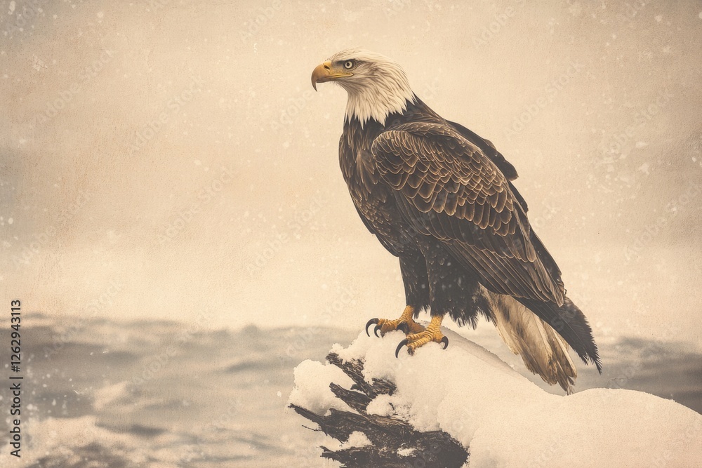 Fototapeta premium Majestic bald eagle perched on a snow-covered branch overlooking a stormy sea.