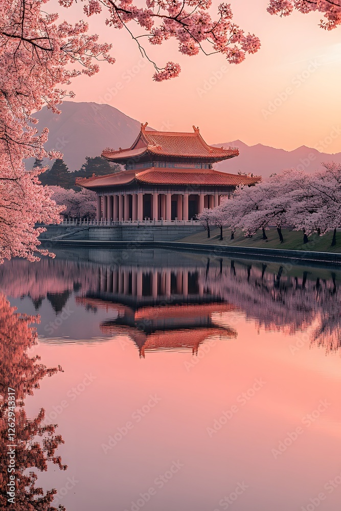 Fototapeta premium Golden sunrise illuminating cherry blossoms with soft pink hues blending into the sky