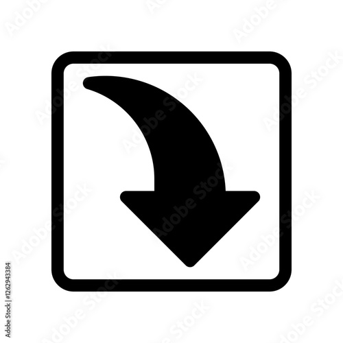 Curved Downward Arrow Icon in a Black Enclosed Box Design