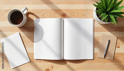 Blank notebook mockup on wooden desk with coffee and plants