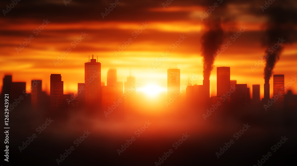 Naklejka premium Sunset casts fiery glow over silhouetted city skyline with smoke plumes rising, highlighting urban pollution.