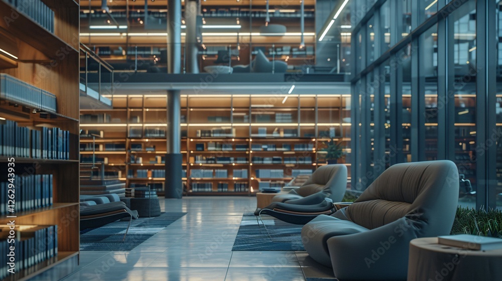 Modern Library Background with Sleek Shelves and Comfortable Seating Modern Library Background with Sleek Shelves and Comfortable Seating