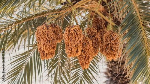 A Middle Eastern farmer harvesting ripe dates from a tall date palm tree, using traditional tools. The background features a lush palm grove with rows of trees stretching into the distance.