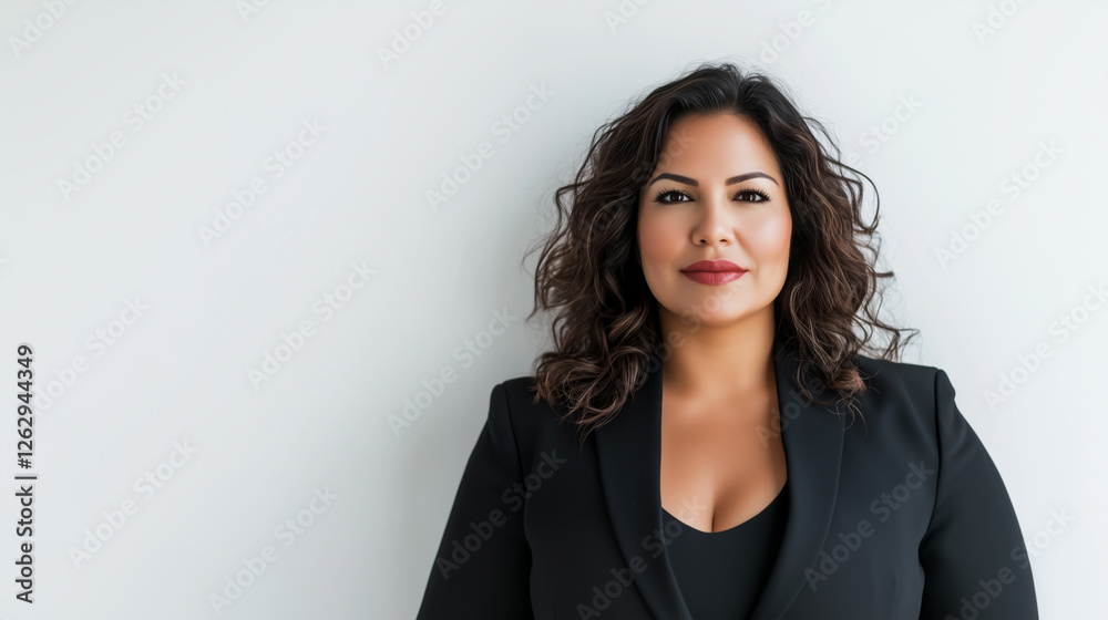 A Latina businesswoman wearing a black suit is posing on a white studio background with copy space A Latina businesswoman wearing a black suit is posing on a white studio background with copy space