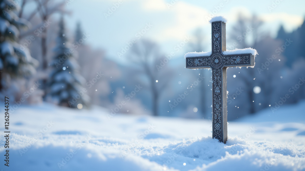 Christian cross surrounded by snow with a blurred winter landscape. Christian cross surrounded by snow with a blurred winter landscape.