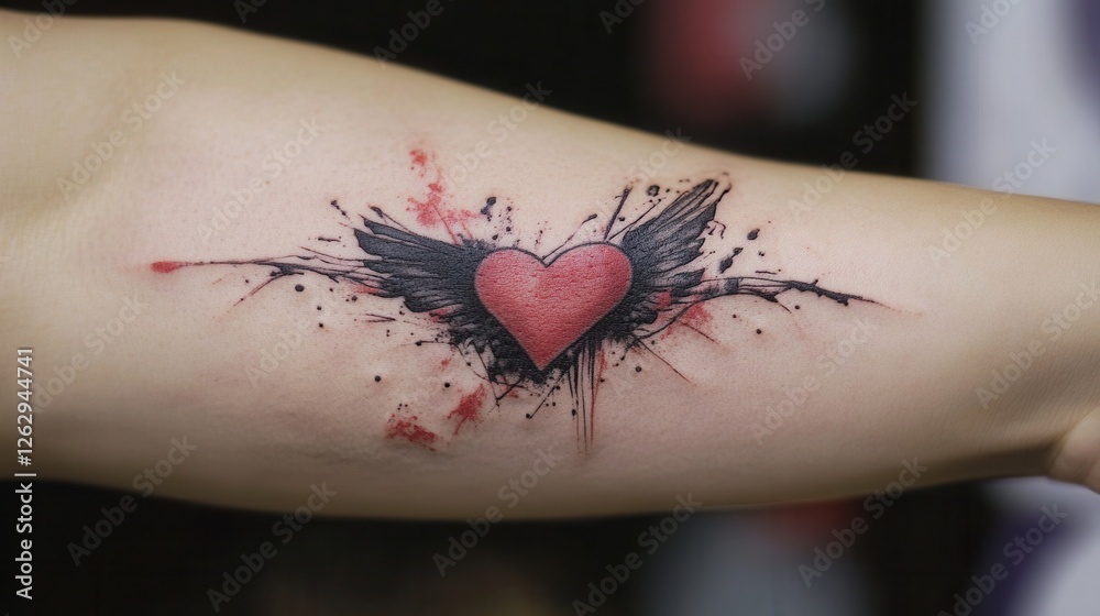 Obraz premium Bold heart tattoo with wings on display at a tattoo studio showcasing artistic expression and creativity. Generative AI