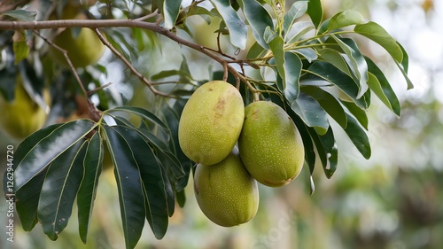 Sapodilla fruit on a tree branch.