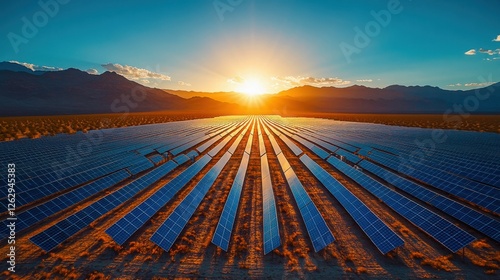 A stunning sunset over solar panels arranged in rows, set against a backdrop of mountains, showcasing renewable energy and nature's beauty.