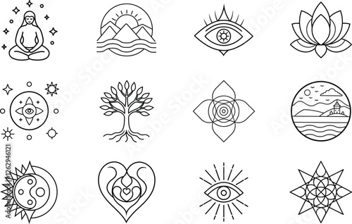 Spiritual Symbols Yoga, Nature, Meditation, and Enlightenment Icons