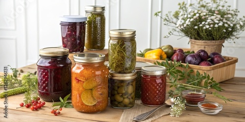 Celebration of international can it forward day with assorted glass jars of preserved vegetables and fruits