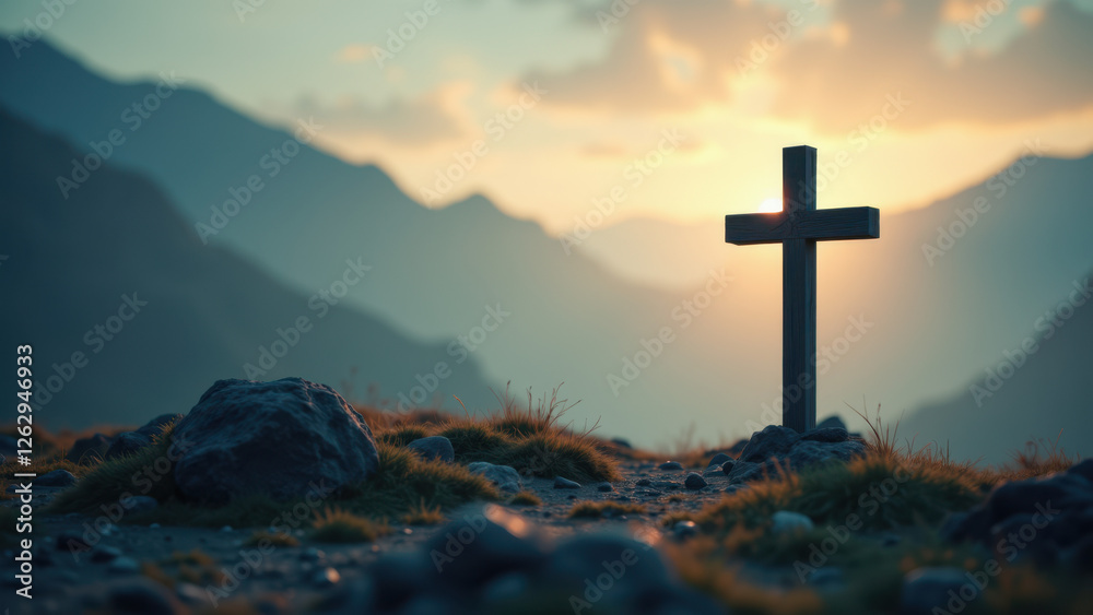 A poignant cross stands atop a rugged mountain peak at sunrise, symbolizing faith and hope. A poignant cross stands atop a rugged mountain peak at sunrise, symbolizing faith and hope.