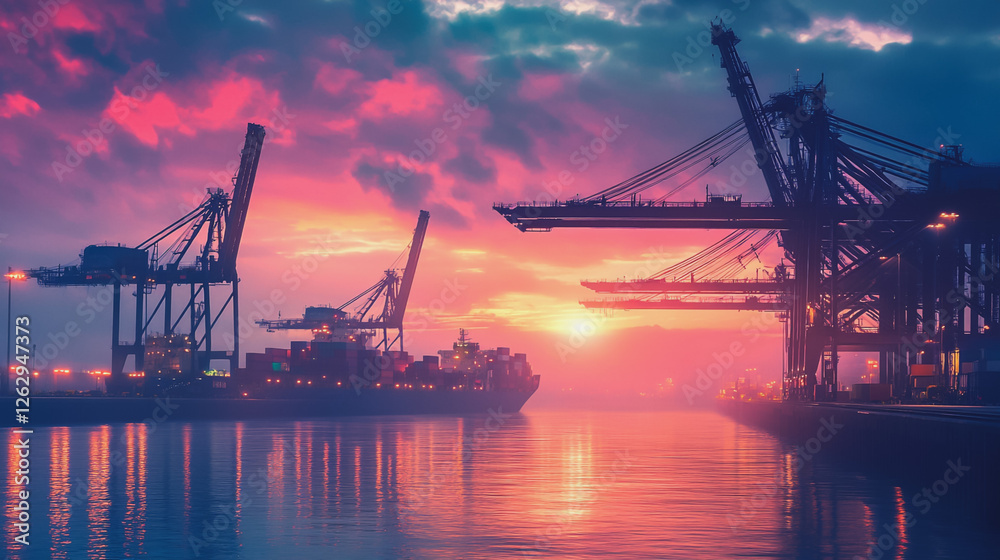 Container truck in ship port for business Logistics and transportation of Container Cargo ship and Cargo plane with working crane bridge in shipyard at sunrise, logistic import export and transport Container truck in ship port for business Logistics and transportation of Container Cargo ship and Cargo plane with working crane bridge in shipyard at sunrise, logistic import export and transport