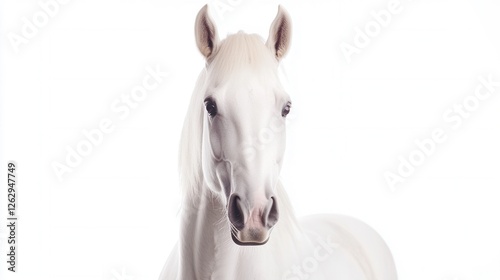 Majestic white horse stands gracefully against a bright, minimalistic backdrop in a serene studio setting. Generative AI