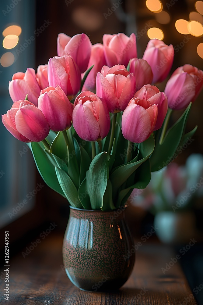 Obraz premium Elegant bouquet of pink roses and tulips arranged beautifully on a wooden table with soft lighting