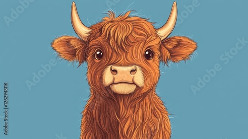 Portrait of baby Highland cattle, cow. Cute head of Scottish cattle isolated on white background. Design element for logo, poster, card, banner, emblem, t shirt. Vector illustration.