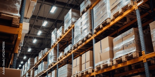 warehouse organize multi-tier shelving sustainable practices operational excellence green shelving units in a well-lit warehouse, neatly arranged bins, and eco-friendly m