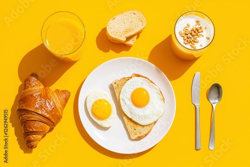 Overhead Sunny Breakfast with Croissant, Toast, Eggs, and Fruit Yogurt photo