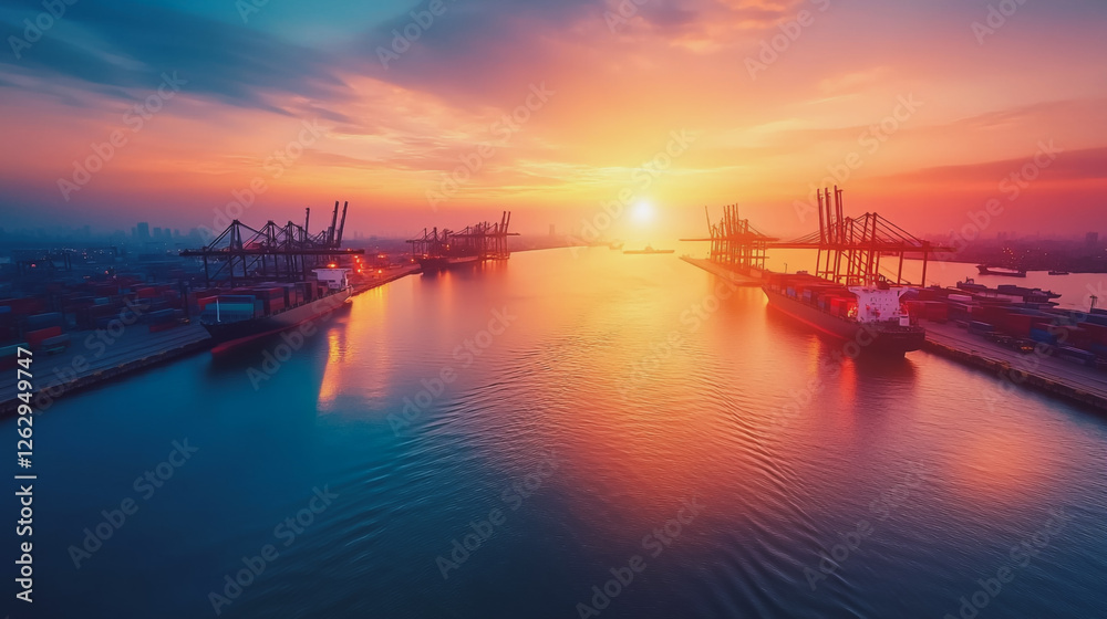 Container truck in ship port for business Logistics and transportation of Container Cargo ship and Cargo plane with working crane bridge in shipyard at sunrise, logistic import export and transport Container truck in ship port for business Logistics and transportation of Container Cargo ship and Cargo plane with working crane bridge in shipyard at sunrise, logistic import export and transport