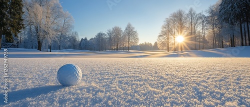 A calm winter golf scene with a tee and golf ball in the snow, frosty scenery, and a clear blue sky, creating a serene and beautiful environment photo