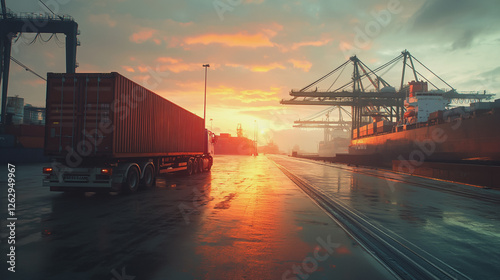 Wallpaper Mural Container truck in ship port for business Logistics and transportation of Container Cargo ship and Cargo plane with working crane bridge in shipyard at sunrise, logistic import export and transport Torontodigital.ca