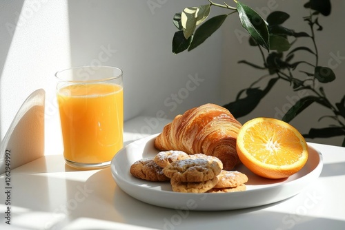 Breakfast Foods - Fresh Croissant, Orange, Juice & Cookies on White Table photo