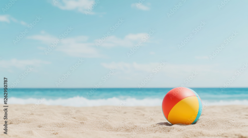 Summer beach vibes with colorful ball and flip flops on sandy shore under blue sky Summer beach vibes with colorful ball and flip flops on sandy shore under blue sky