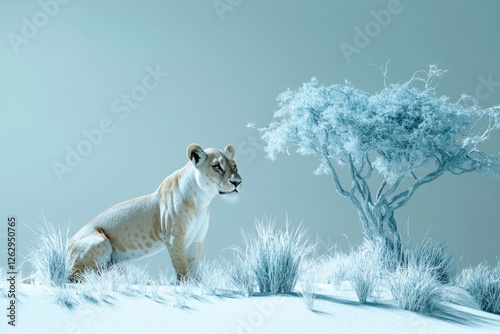 A majestic lioness, light-colored fur, sits alertly amidst sparse, icy-blue grass and a gnarled tree under a pale sky. photo