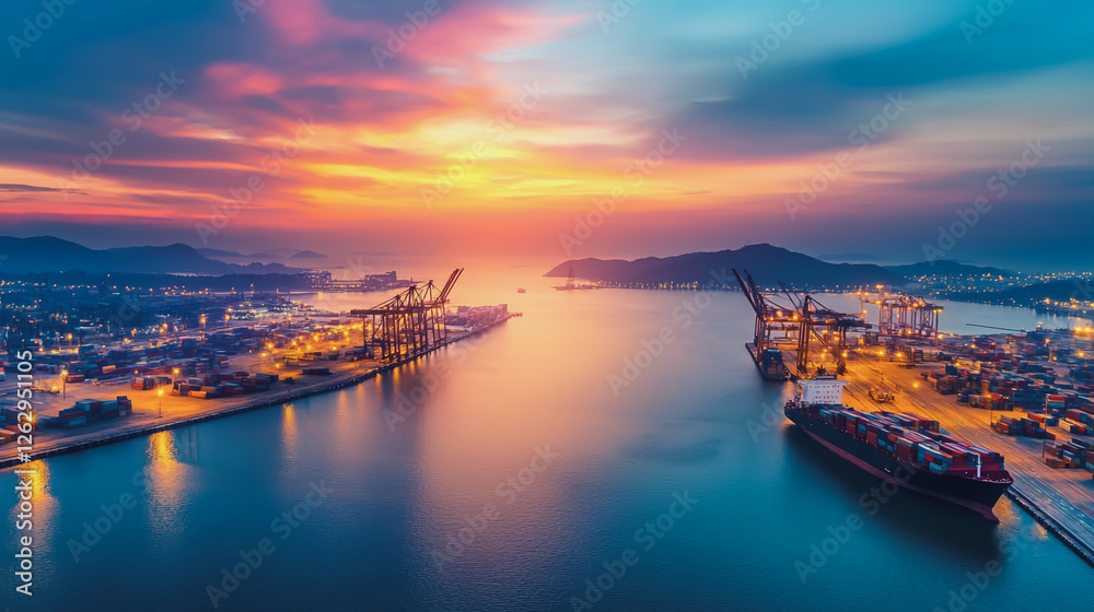 Naklejka premium Container truck in ship port for business Logistics and transportation of Container Cargo ship and Cargo plane with working crane bridge in shipyard at sunrise, logistic import export and transport