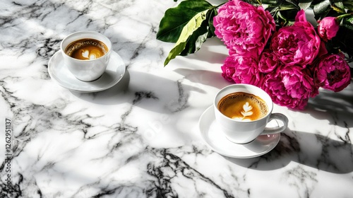 Fototapeta Naklejka Na Ścianę i Meble -  Two cups of coffee on a marble table with pink peonies in the background, creating a cozy atmosphere