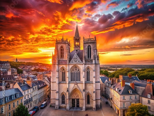 Saint Pierre Cathedral, Nantes, sunset panorama, AI-generated art.