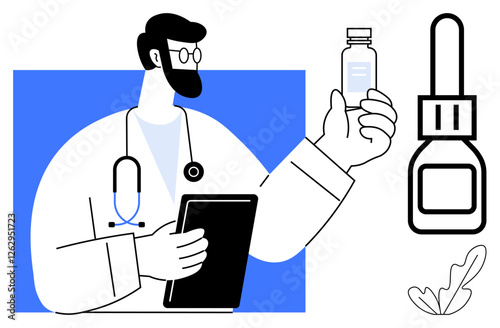 Stethoscope-wearing medical professional with a beard and glasses holds a bottle in one hand and a tablet in the other. A dropper bottle and small plant outline are positioned nearby. Ideal