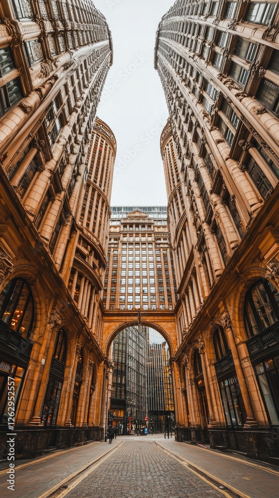 Fototapeta premium City street, buildings, architecture, urban, perspective, alley, business, cityscape, finance, stock photo