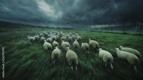 Flock of Sheep Running Across a Lush Green Pasture During a Dramatic Storm