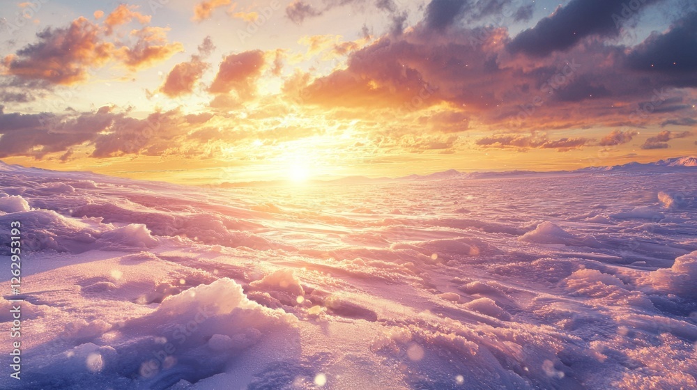 Majestic Sunset Over Snowy Landscape with Vibrant Skies and Clouds Majestic Sunset Over Snowy Landscape with Vibrant Skies and Clouds