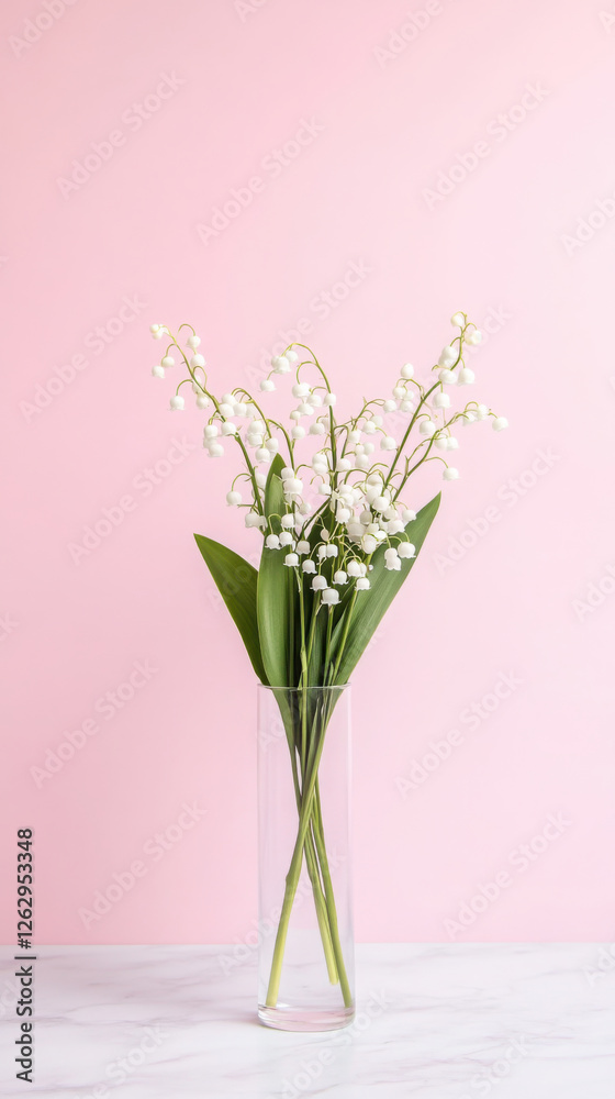 Obraz premium Elegant lily of the valley bouquet in clear vase on soft pink background