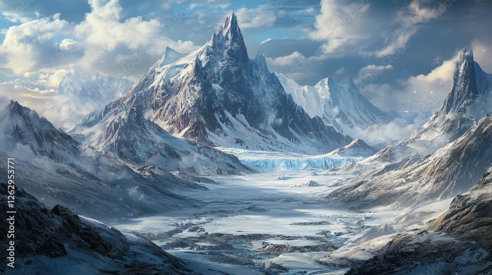 Obraz premium Majestic Snowy Mountains Overlooking a Frozen Valley Landscape