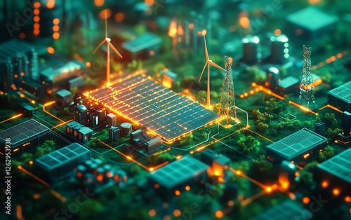 An abstract green energy system with advanced battery storage, wind turbines, and solar panels, glowing energy flow, sustainable technology theme