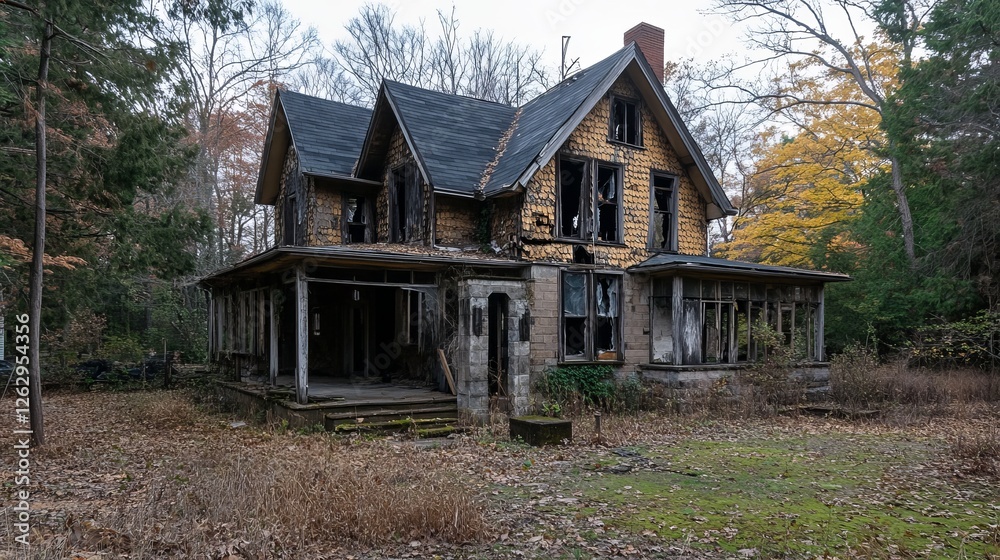 Haunted House Amid A Forest In Ruins. Crumbling, Deteriorated Structure. Spooky, Abandoned Building. Haunted House Amid A Forest In Ruins. Crumbling, Deteriorated Structure. Spooky, Abandoned Building.