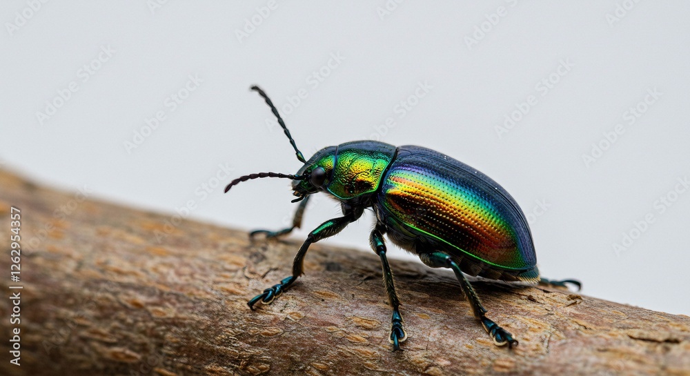 Fototapeta premium Iridescent Leaf Beetle Close-up on Branch with Striking Colors