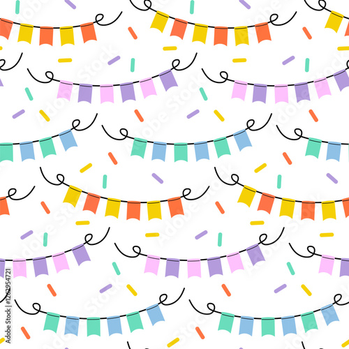 Colorful festive banners and confetti create a joyful atmosphere for celebrations