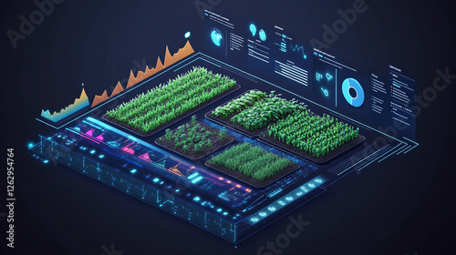 A digital farming dashboard showing real-time data on soil moisture, temperature, and crop health