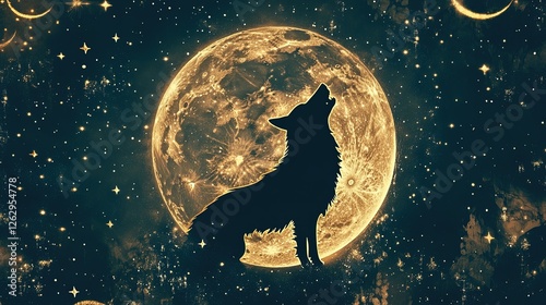 A crescent moon intertwined with a wolfÃ¢â‚¬â„¢s silhouette howling, framed by stars and constellations. photo