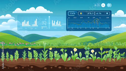 A digital farming dashboard showing real-time data on soil moisture, temperature, and crop health