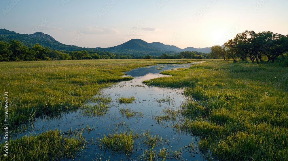 Obraz premium Serene sunset over a tranquil floodplain meadow