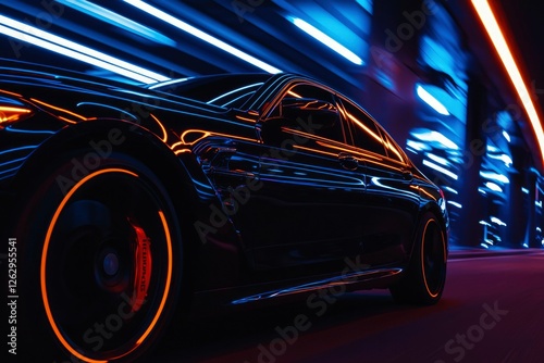 Black sports car in neon tunnel.  Fast motion. Possible use car advertisement, high-speed travel photo