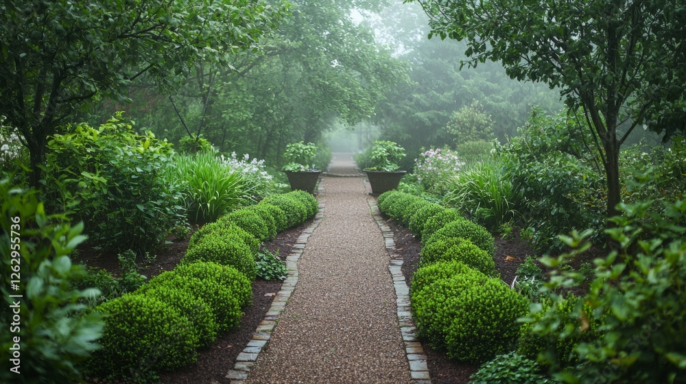 Serene Pathway Through Lush Green Garden in Morning Fog Serene Pathway Through Lush Green Garden in Morning Fog