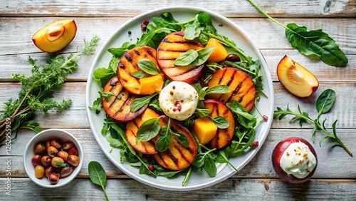 Hidden gem finds: grilled peaches, juicy and sweet, atop a city scape scene. photo