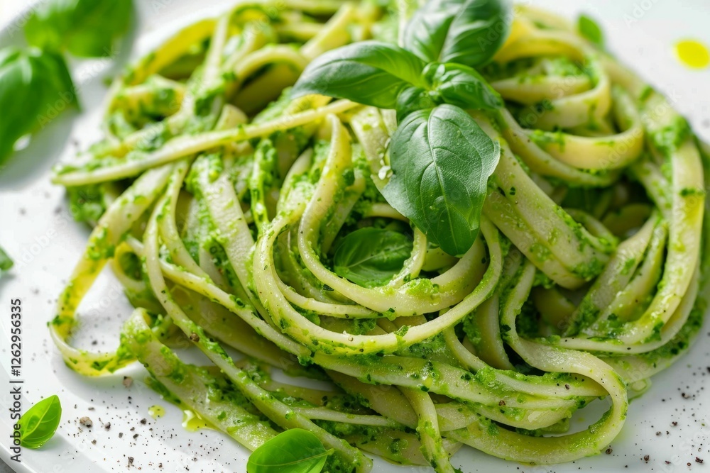Fettuccine with basil pesto and fresh basil leaves. Neural network AI generated Fettuccine with basil pesto and fresh basil leaves. Neural network AI generated